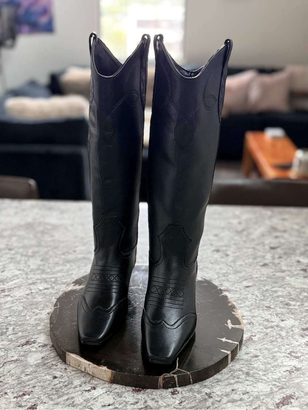 Steve Madden Dollie Black Leather Tall Western Boots Never Worn Cowboy Riding - Picture 2 of 11